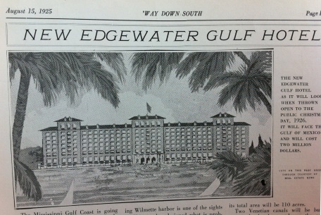 Proposed Edgewater Gulf Hotel Biloxi Harrison County 'Way Down South Magazine August 15, 1925 from Harrison County Library collection