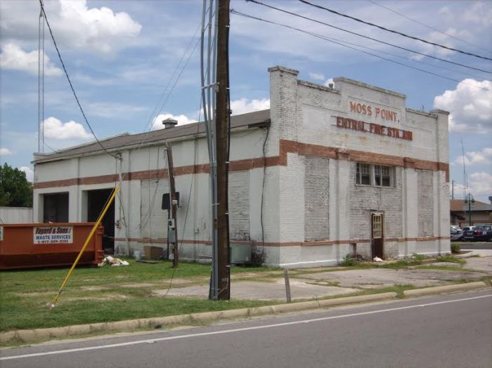 old Moss Point City Hall and Fire Station (1926-July 2015). It appears Hisoner the Mayor of Moss Point has gotten away with thumbing his nose at both state and federal laws after he demolished this building on a Saturday. I comfort myself by recalling the fate of Hisoner Mayor Frank Melton of Jackson, who also seemed to get away with breaking the law. Until . . . 
