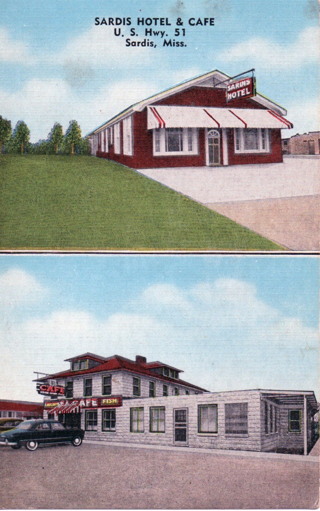 SARDIS HOTEL & CAFE--U.S. Hwy. 51, Sardis, Miss. 51 miles south of Memphis, Tenn. Automatic vented heat. Air-conditioned. Simmons Furniture. Cafe in Connection Serving Delicious Food. Wonderful Fishing and Swimming Beaches at nearby Sardis Lake. Phone 9101. Archie Caruthers, Manager-Owner.