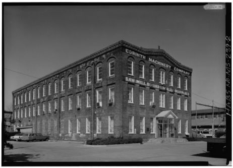 East front and south side - Corinth Machinery Company. HABS photographer, Jack E. Boucher, March 1975.