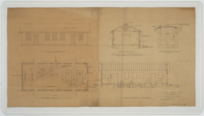 Elevations, floor plans, sections of pump house. U.S. Naval Camp, Gulfport, Miss. Martin Evans Boyer Papers, 1910-1993 (UNCC MC00094), J. Murrey Atkins Library Special Collections at the University of North Carolina at Charlotte